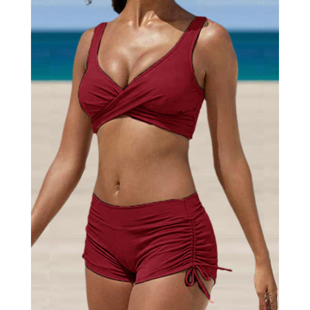 Comfortable women's high-waist shaping bikini with adjustable straps, a flattering two-piece for summer beachwear.