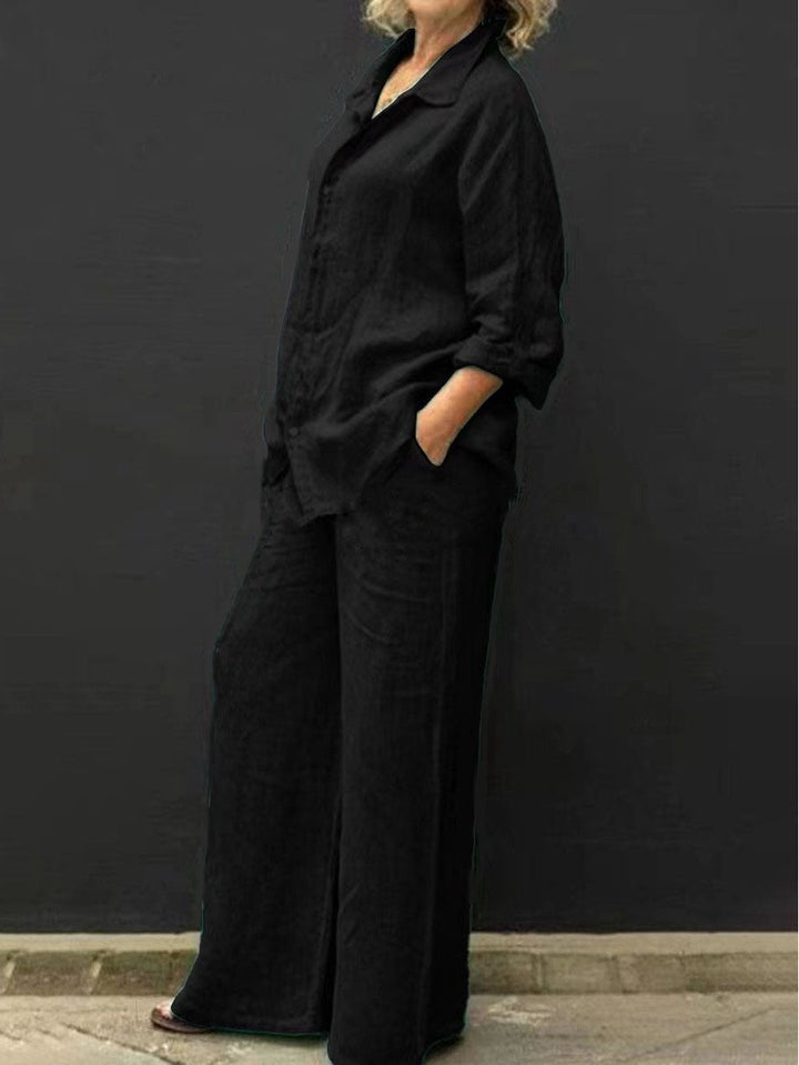 Relaxed fit women's two-piece cotton-linen summer suit, great for beach vacations or casual gatherings.
