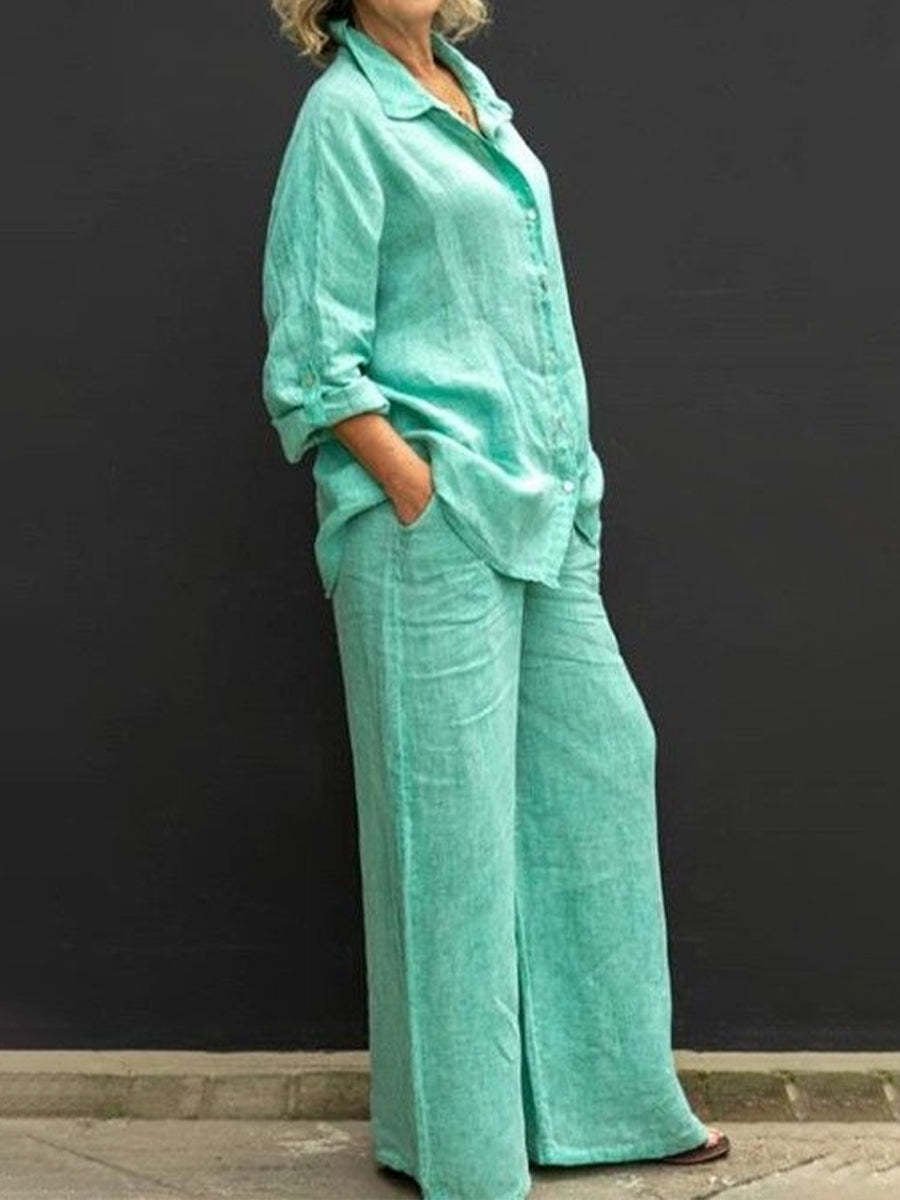 Women's lightweight cotton-linen two-piece summer suit set for comfortable warm-weather style.