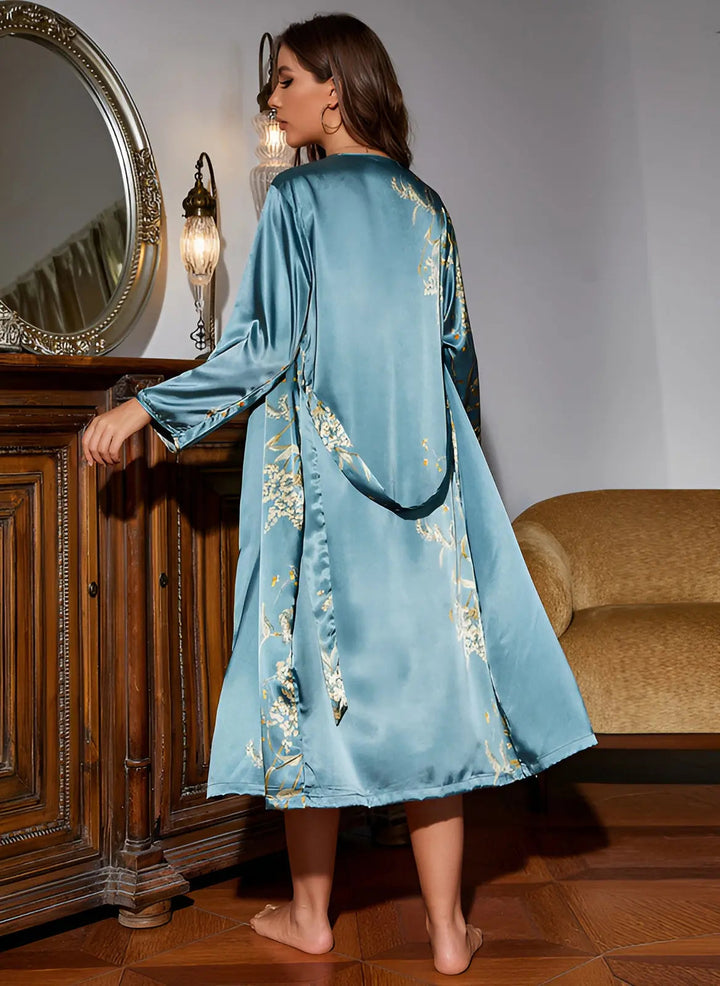 Women's satin nightdress set featuring a luxurious kimono robe and sleek camisole slip for elegant, comfortable sleep.