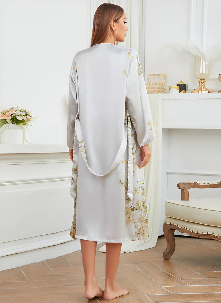 All-season women's elegant satin sleepwear set: a comfortable nightdress and flowy kimono robe for luxurious lounging.