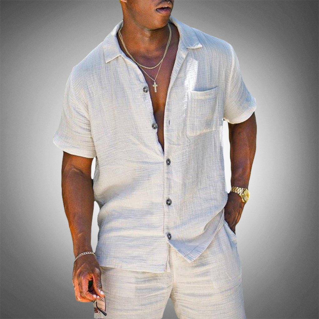 Men's lightweight two-piece set in a casual style, perfect for summer, beach, or resort wear. Comfortable matching outfit.