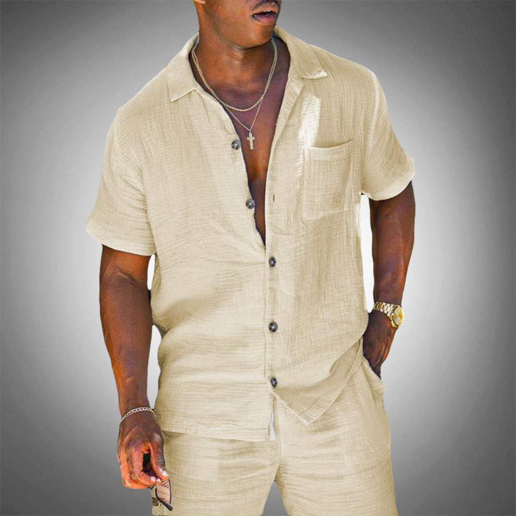 Stylish men's coordinated two-piece set for summer. Lightweight fabric ensures comfortable leisure & resort wear.