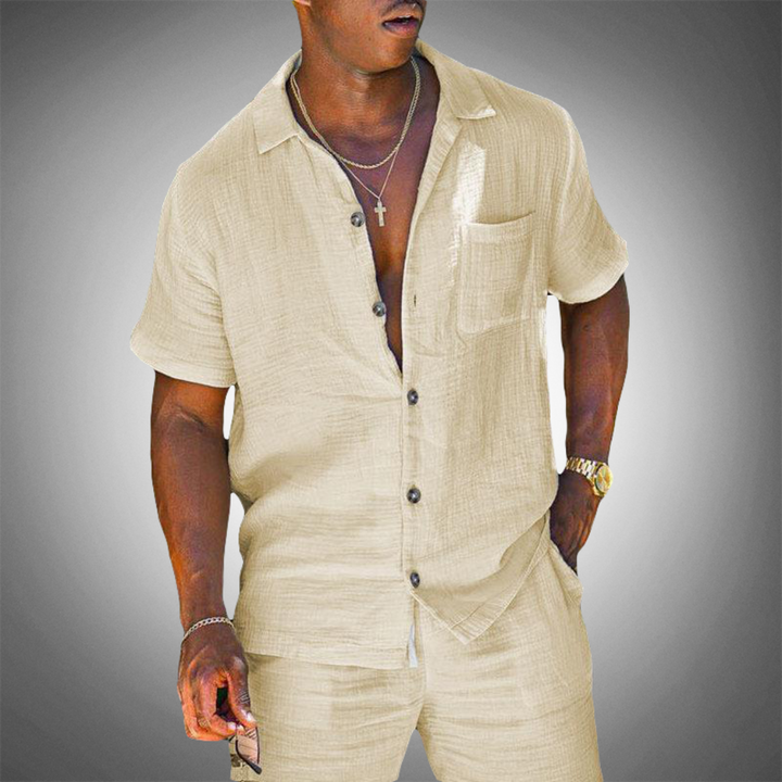 Stylish men's coordinated two-piece set for summer. Lightweight fabric ensures comfortable leisure & resort wear.