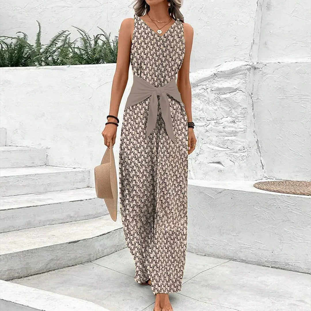Women's Sleeveless Wide Leg Jumpsuit with V-Neck & Tie Waist