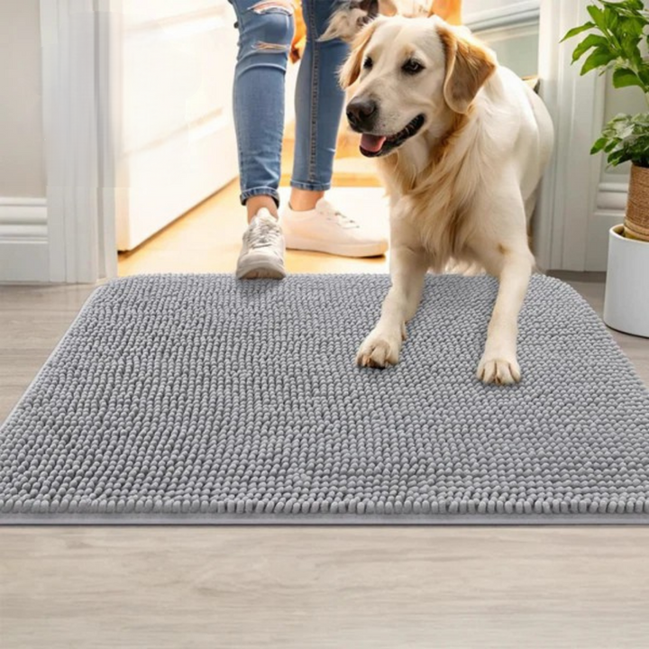 Ultra-absorbent dog mat for wet paws, protecting floors from mud & water. Non-slip pet floor protector.