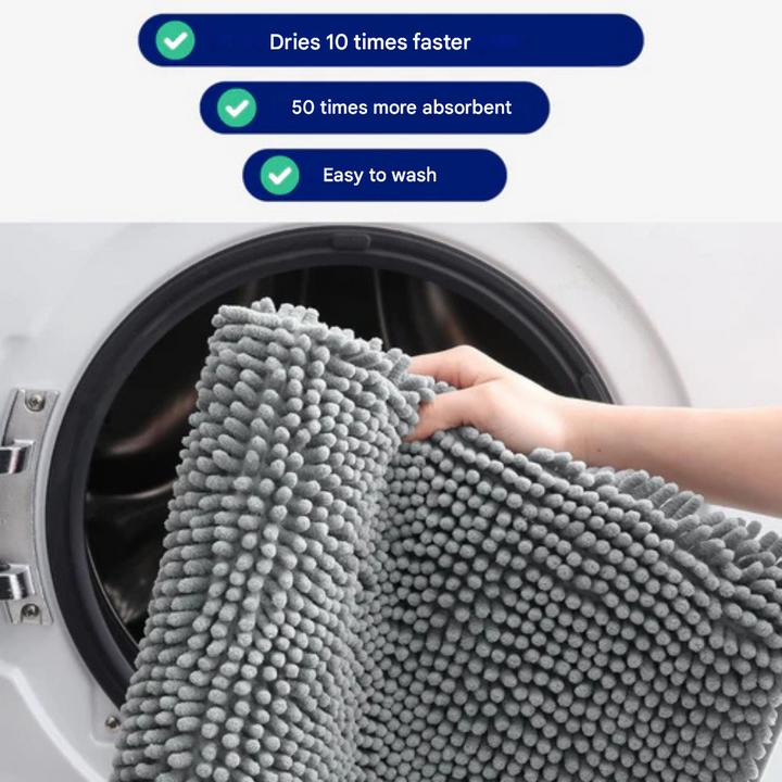 High-absorbency pet mat, ideal as a dog mat or entryway rug. Chenille floor protector for all pets.