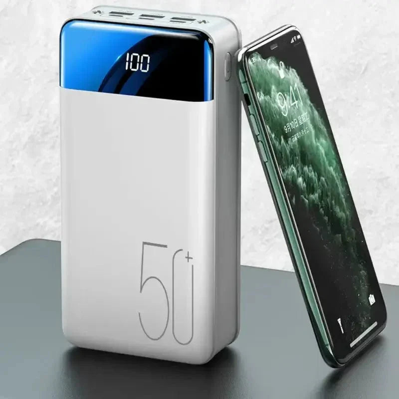 White 50000mAh high-capacity portable charger, universal mobile power for all your electronic devices.