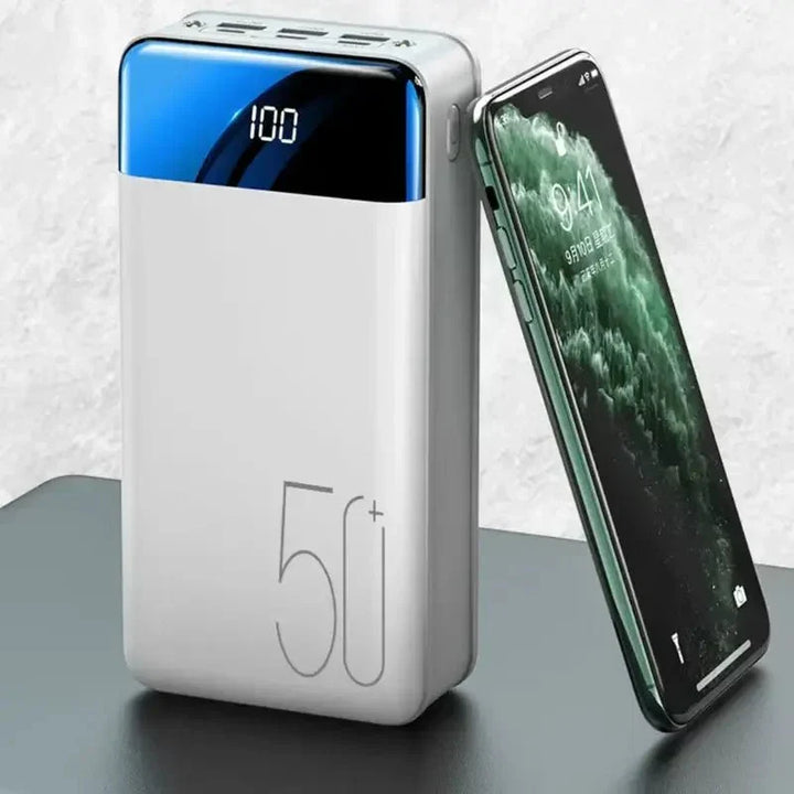 White 50000mAh high-capacity portable charger, universal mobile power for all your electronic devices.