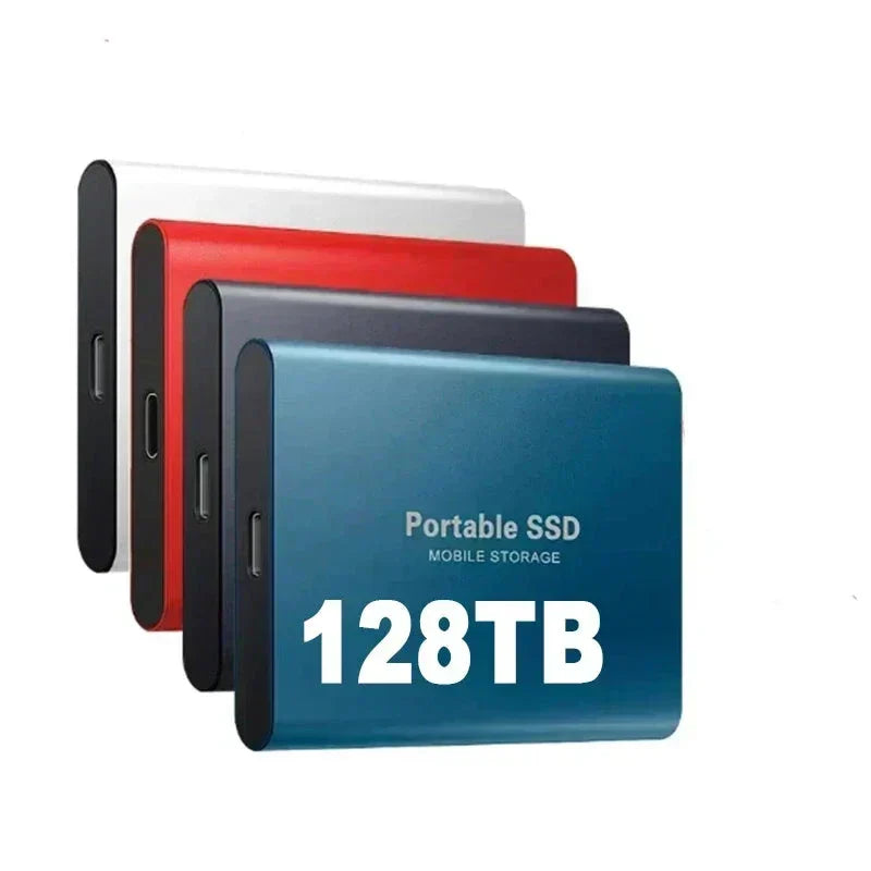 Portable 128TB ultra-fast external SSD, compact aluminum design for secure and rapid digital storage on the go.
