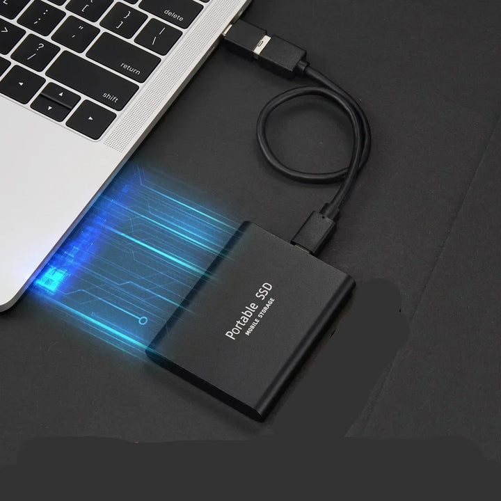 Compact 128TB external SSD, durable aluminum casing, offers ultra-fast data transfer for massive portable storage.