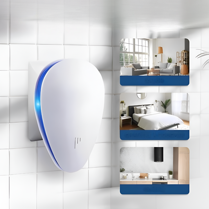 Close-up of an ultrasonic pest repeller plugged into a wall outlet, showcasing its compact and safe design.
