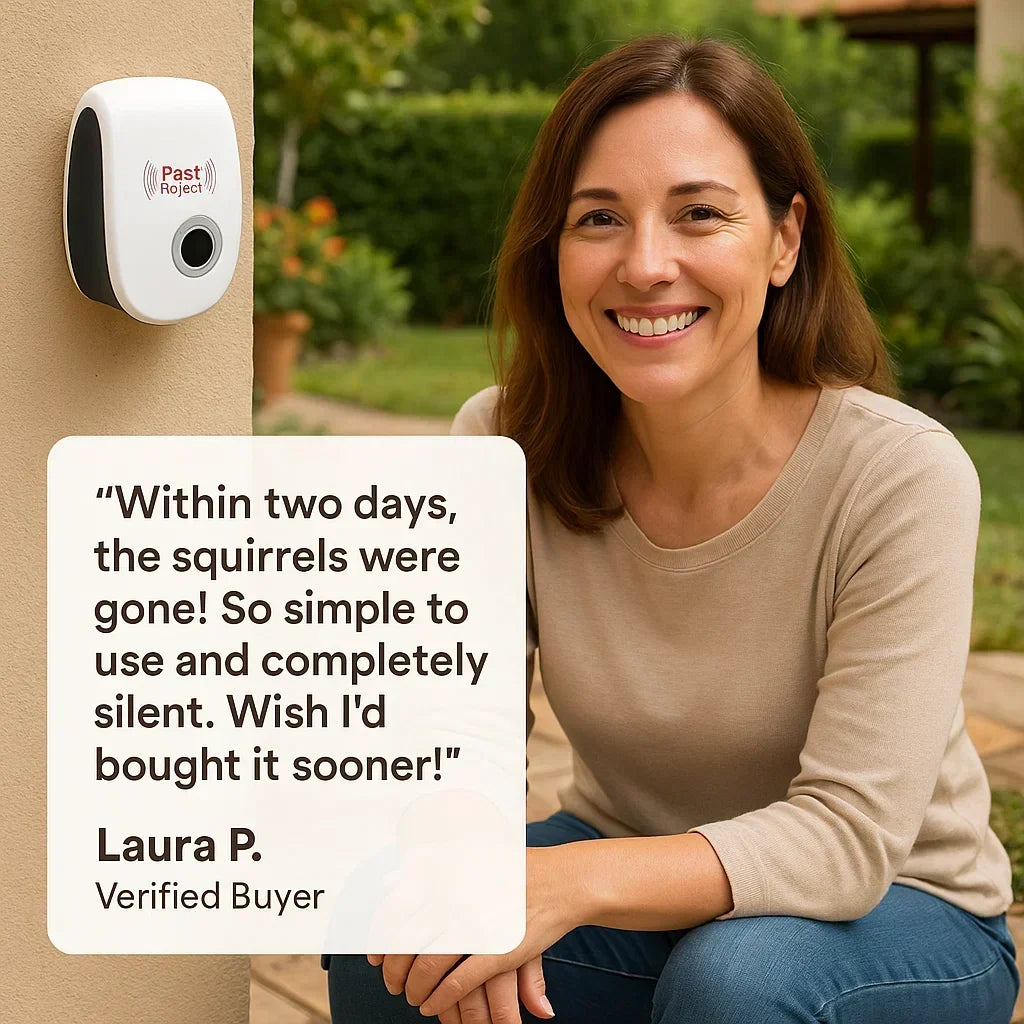 Advanced ultrasonic squirrel & rodent repeller for comprehensive home & garden pest management.
