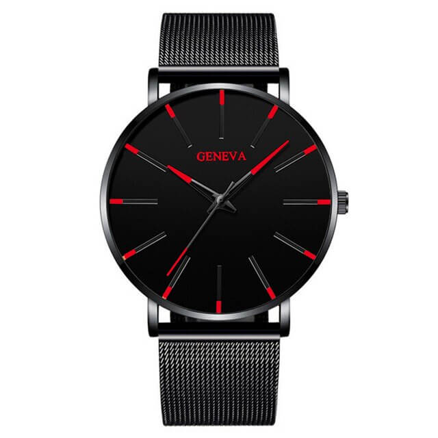 Close-up of a men's classic slim quartz watch with a sophisticated mesh strap & minimalist dial.