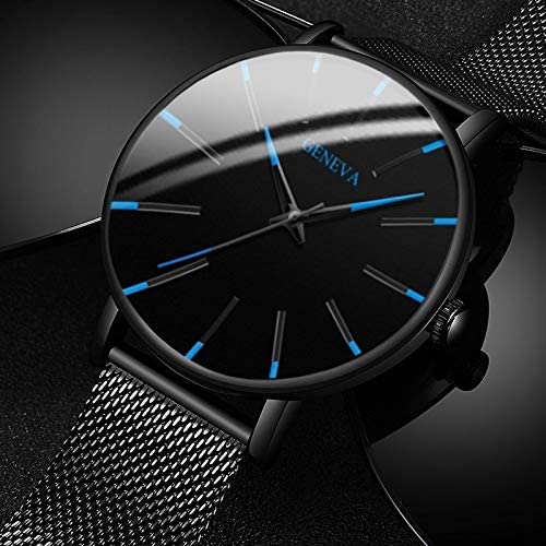 Modern men's quartz wrist watch featuring a sleek black dial & silver mesh strap, ideal for a refined look.