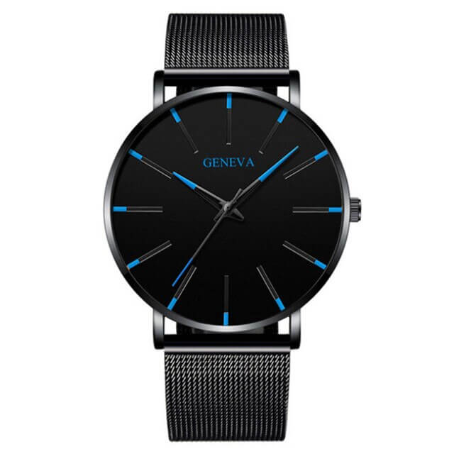 Men's slim watch with a professional look, showcasing its thin profile and elegant mesh strap on a wrist.
