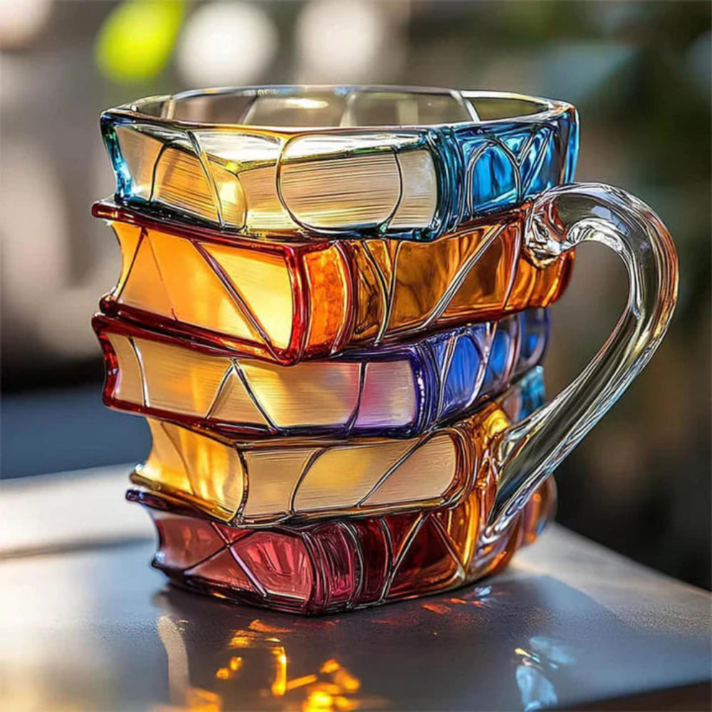 Unique 3D book spine glass coffee mug, perfect literary gift for readers.