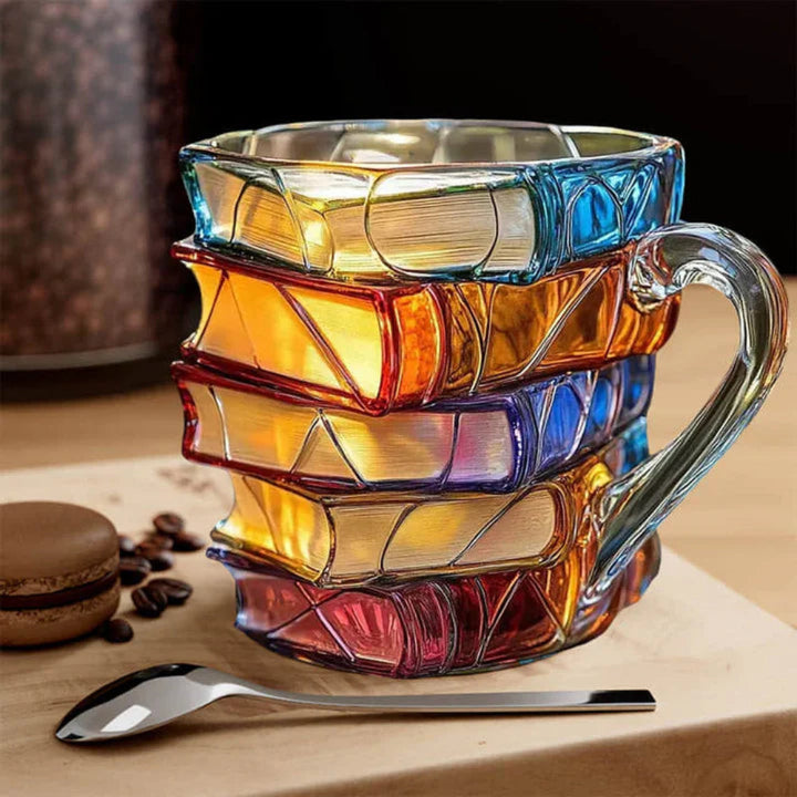 Clear glass coffee mug shaped like a stack of books, ideal for book lovers.
