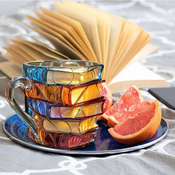 Novelty coffee mug featuring a detailed 3D book spine design, a unique reading accessory.