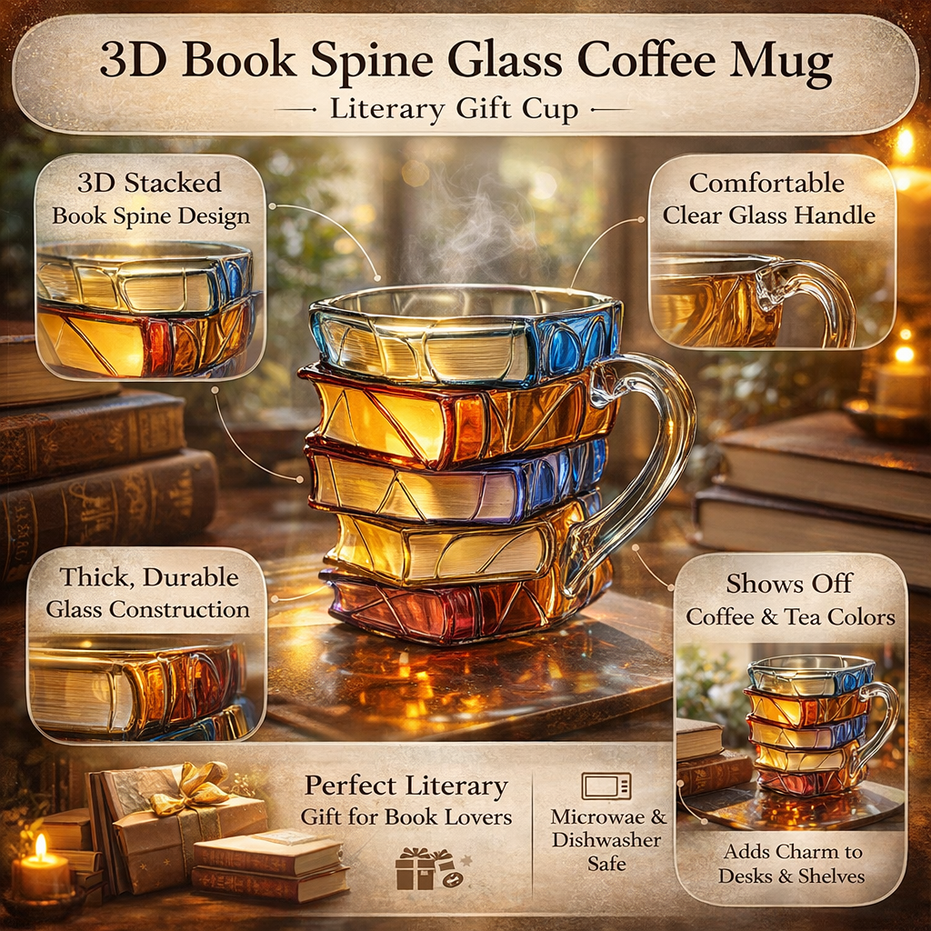 Elegant glass mug with a creative book spine motif, a must-have kitchenware for readers.
