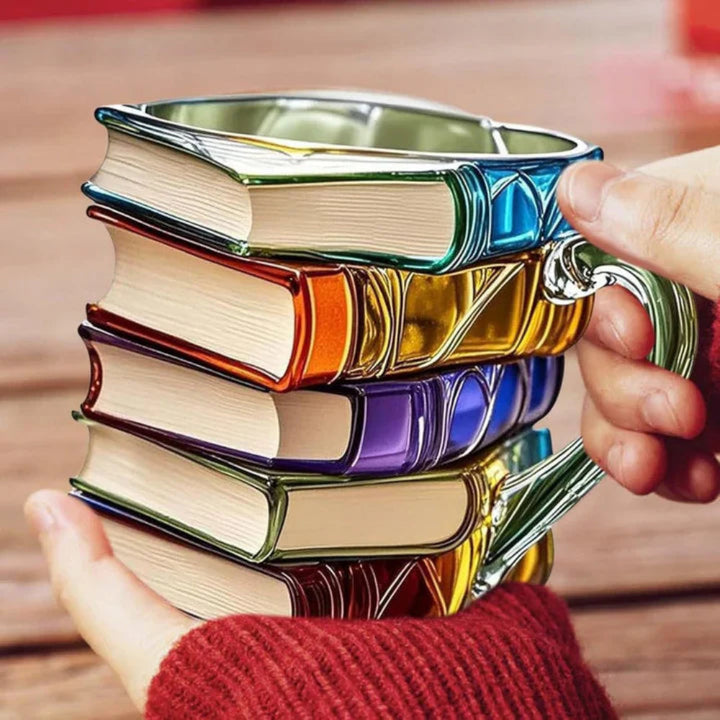 Thoughtful gift for readers: a distinctive 3D book spine glass coffee mug.