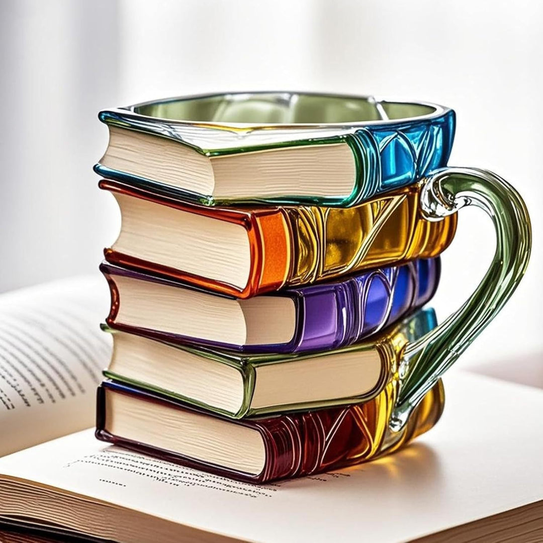 A unique and functional coffee mug for any bibliophile, shaped like book spines.