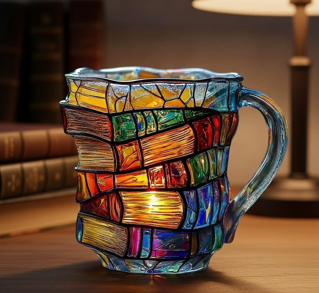 The ultimate reading accessory: a 3D book spine glass coffee mug for literary enthusiasts.