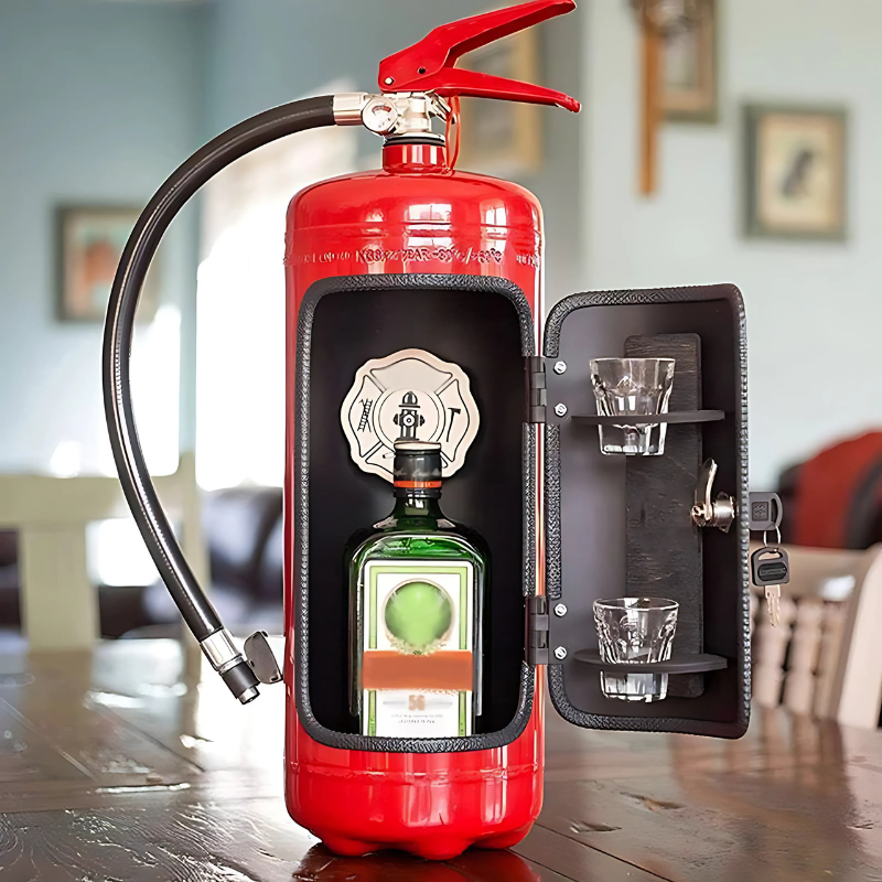 Unique handcrafted fire extinguisher mini bar. Industrial home decor & conversation starter, perfect novelty gift.