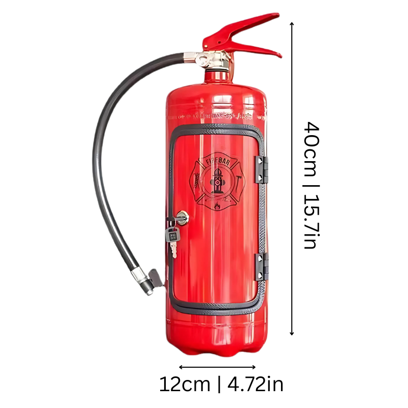 Red fire extinguisher mini bar. A unique industrial home bar accessory, ideal for men's gift & home decor.