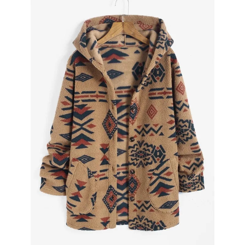 Unique women's jacket featuring intricate Aztec print. Vintage style, perfect for casual fashion.