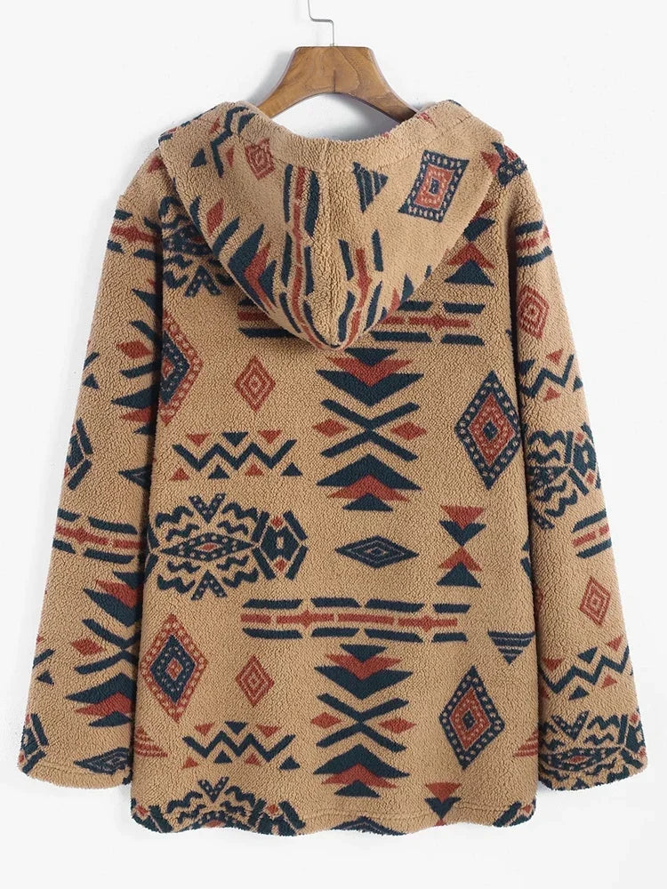 Coffee color women's Aztec print jacket. Stylish vintage outerwear, ideal for spring or fall.