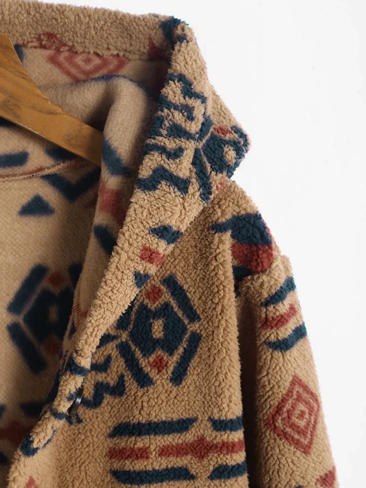 Bohemian vintage Aztec print jacket for women. Stylish and unique casual outerwear fashion.