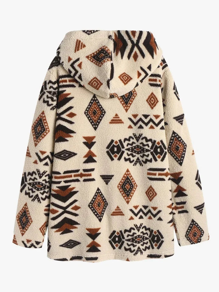Casual fall/spring fashion: women's vintage Aztec print jacket. Stylish coffee color outerwear.