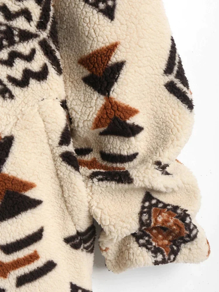 Women's stylish vintage Aztec print jacket. Unique bohemian outerwear for a trendy casual look.