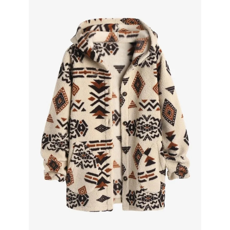 Women's vintage Aztec print jacket, coffee color. Stylish bohemian outerwear for fall/spring fashion.