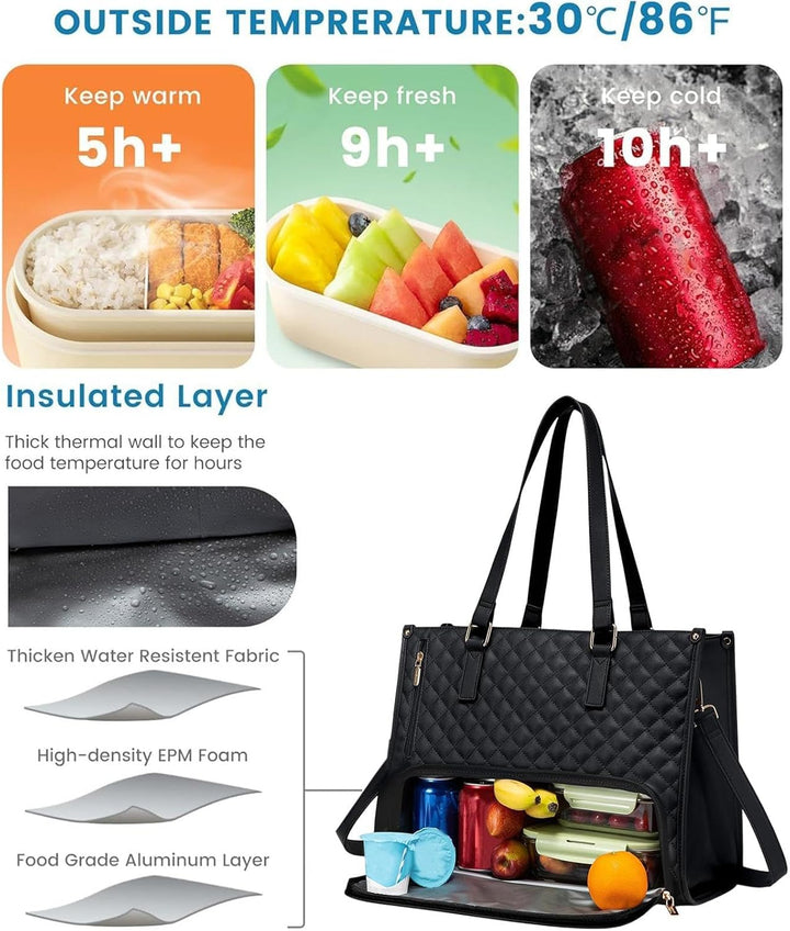 Versatile unisex travel and work tote bag, insulated for lunch and padded for laptop, perfect for daily commutes.