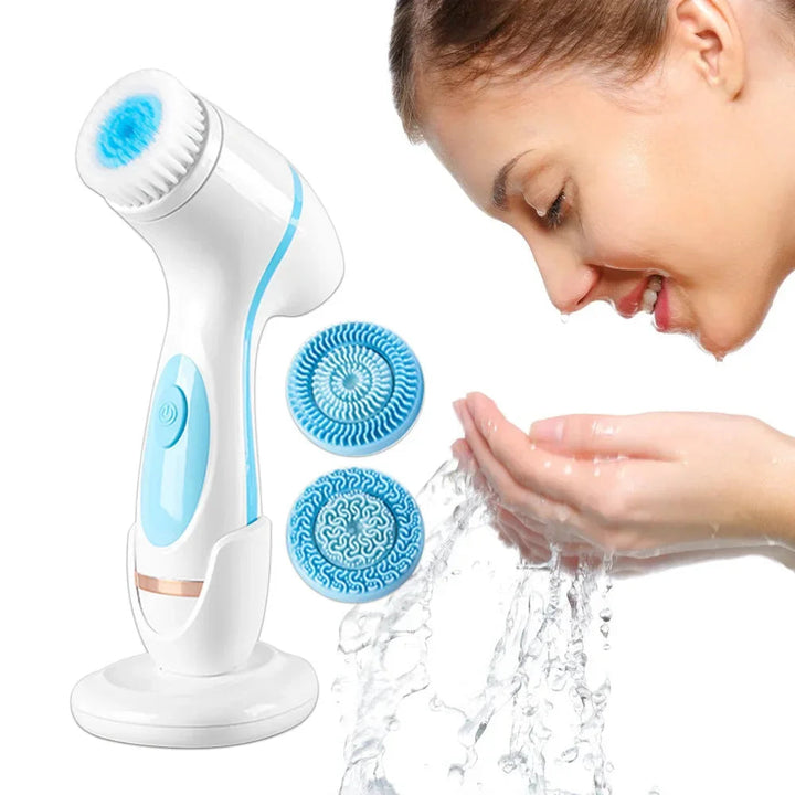Pink waterproof sonic facial cleanser and massager, a rechargeable beauty device for skincare.