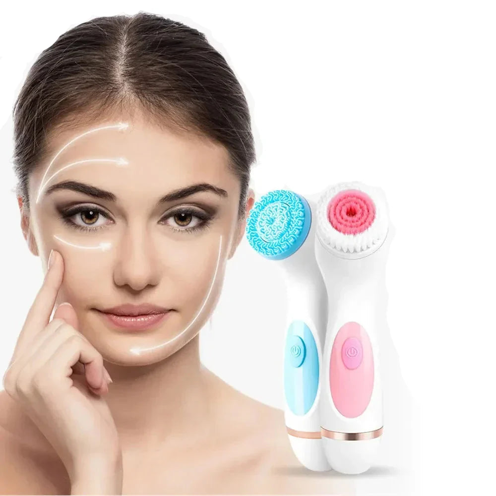 Unisex 3-in-1 sonic facial cleanser in pink, a rechargeable tool for pore cleaning & skin massage.