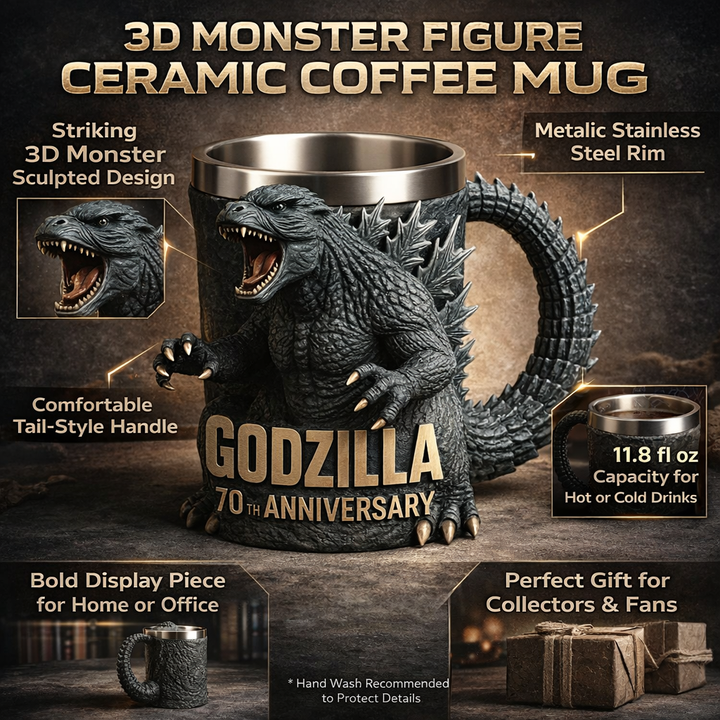 Novelty 3D monster mug, an eye-catching ceramic drinkware piece.