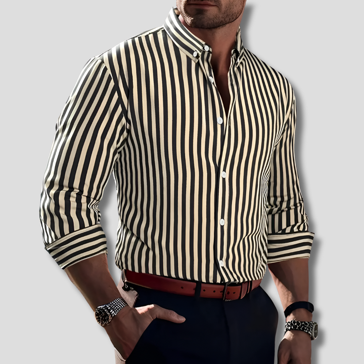 Unisex classic striped button-up shirt. Long sleeve, collared, perfect for versatile everyday casual & formal wear.