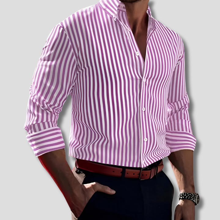 Stylish unisex collared striped shirt with button-up front & long sleeves, a timeless piece for any wardrobe.