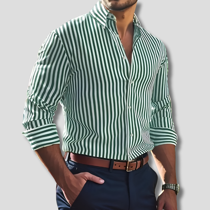 Crisp striped button-up shirt, a classic long-sleeve unisex top perfect for easy layering & everyday fashion.