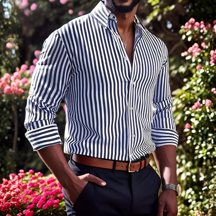Modern take on a classic striped button-up. Unisex long-sleeve collared shirt, essential for versatile casual & formal looks.