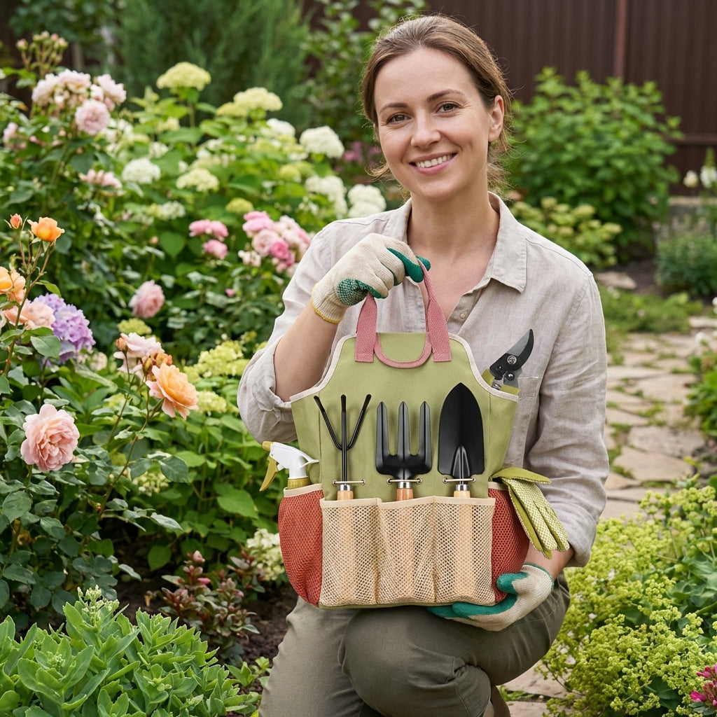 Complete gardening hand tool set for outdoor planting, pruning, and weeding. Ideal for patio and container gardening.