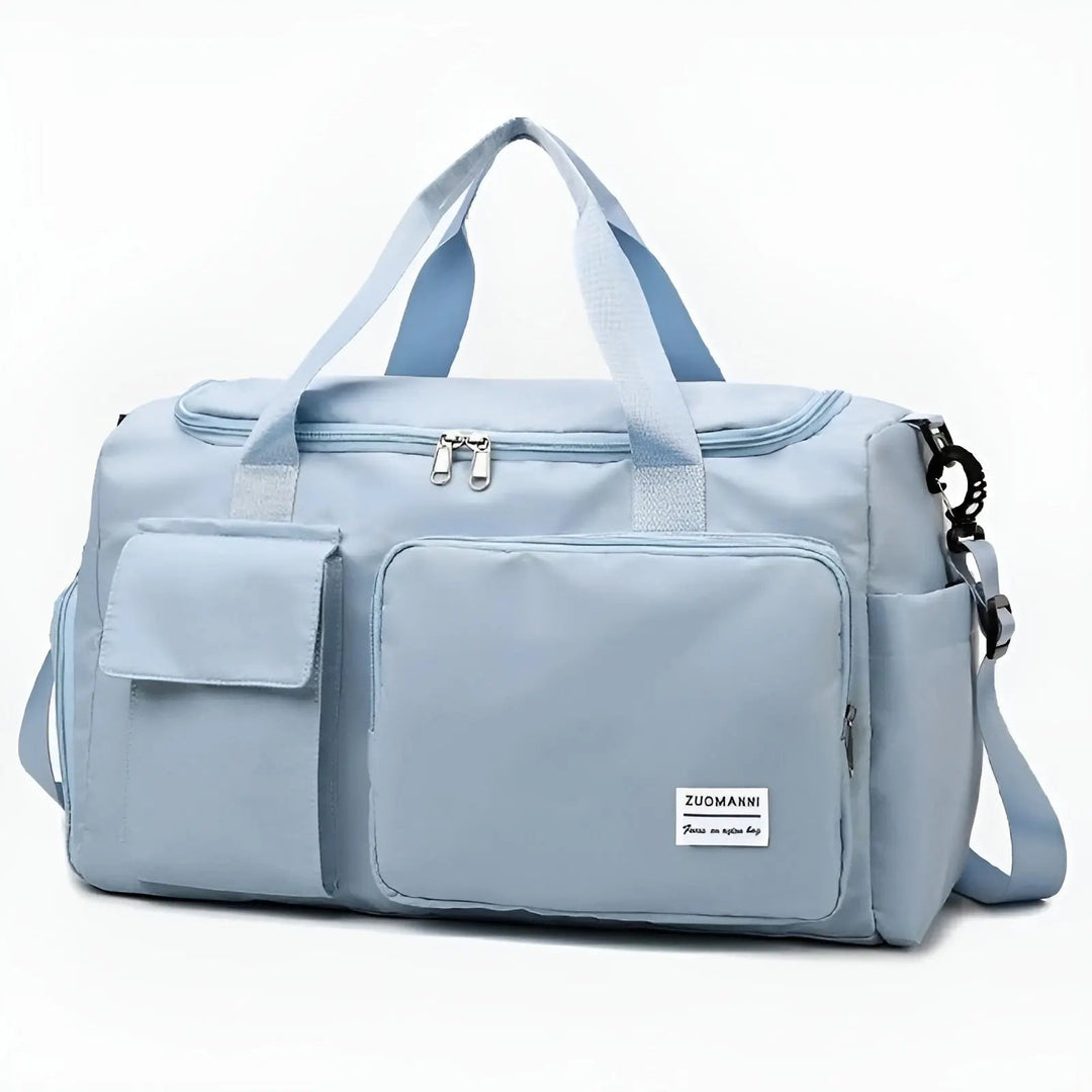 Durable waterproof weekend bag, unisex design, perfect for travel, gym, & outdoor gear.