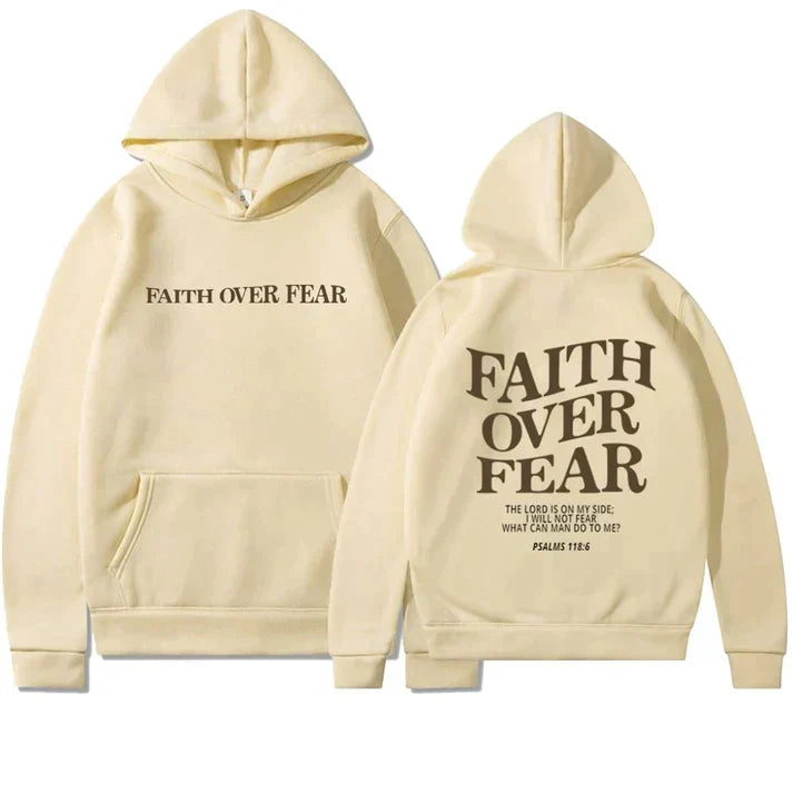 Comfortable unisex hoodie with 'Faith Over Fear' message, Psalm 118:6. Spiritual and casual apparel.