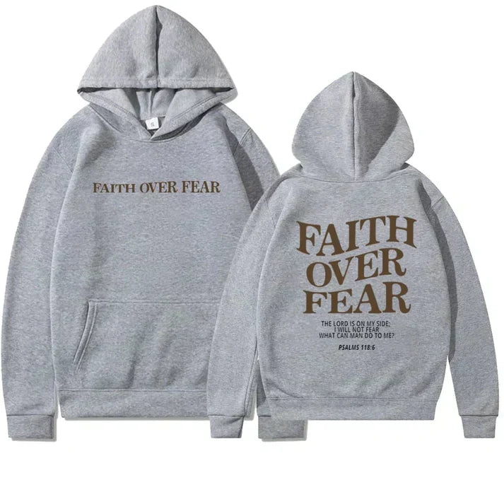 Faithmore unisex hoodie, 'Geloof Over Angst' (Faith Over Fear) with Psalm 118:6. Inspirational clothing.