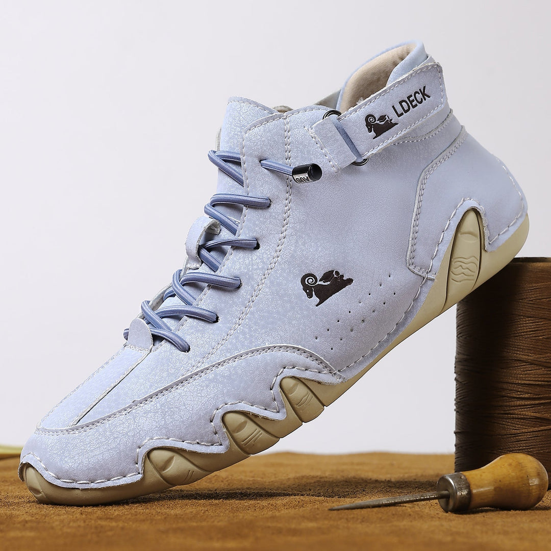 Side view of unisex leather barefoot shoes with a minimalist design.