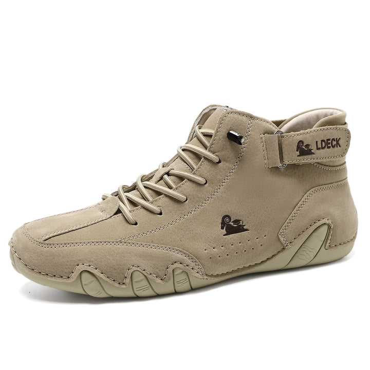 Woman wearing unisex leather outdoor footwear for comfortable walking.