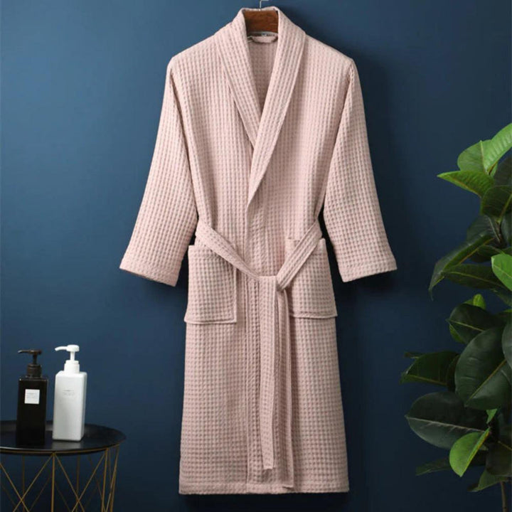 Unisex lightweight waffle cotton terry bathrobe, perfect for spa, bath, or lounge comfort.